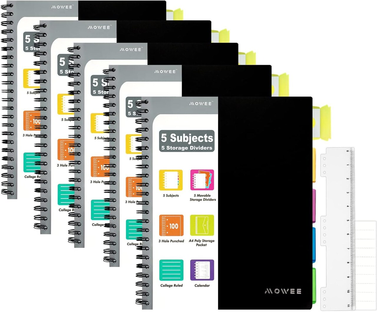 Spiral Notebook - 5 Subject Notebook, College Ruled Notebook with Dividers Pocket, Tabs Label, 11" Ruler, 200 Pages, for Writing Journal, Home & Office, School Supplies, 8.5''X11''(5Packblack)